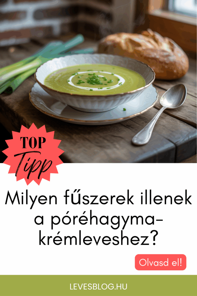 Egy tányér póréhagyma-krémleves és alatta Top tipp: Milyen fűszerek illenek a póréhagyma-krémleveshez?