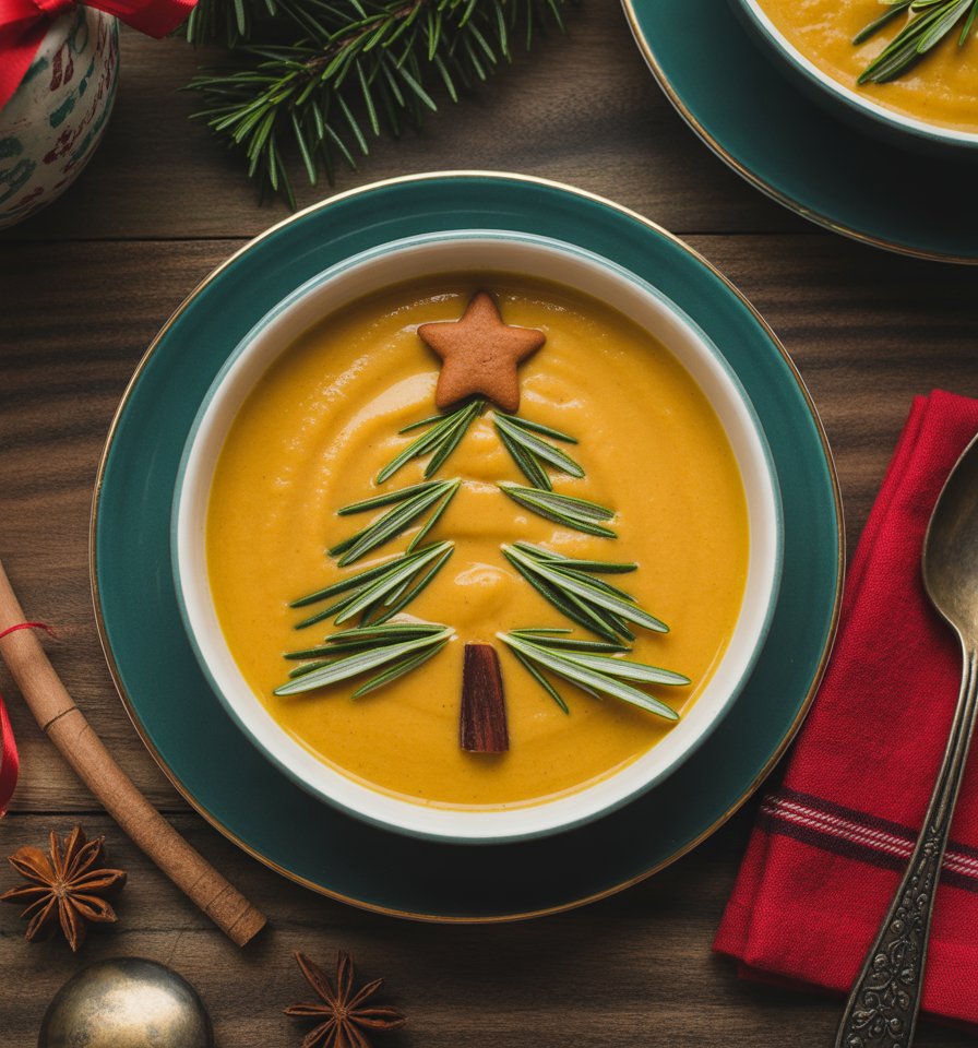 Sütőtökkrémleves rozmaring ágakból és fahéjból készült karácsonyfával díszítve, mézeskalács csillaggal a tetején.