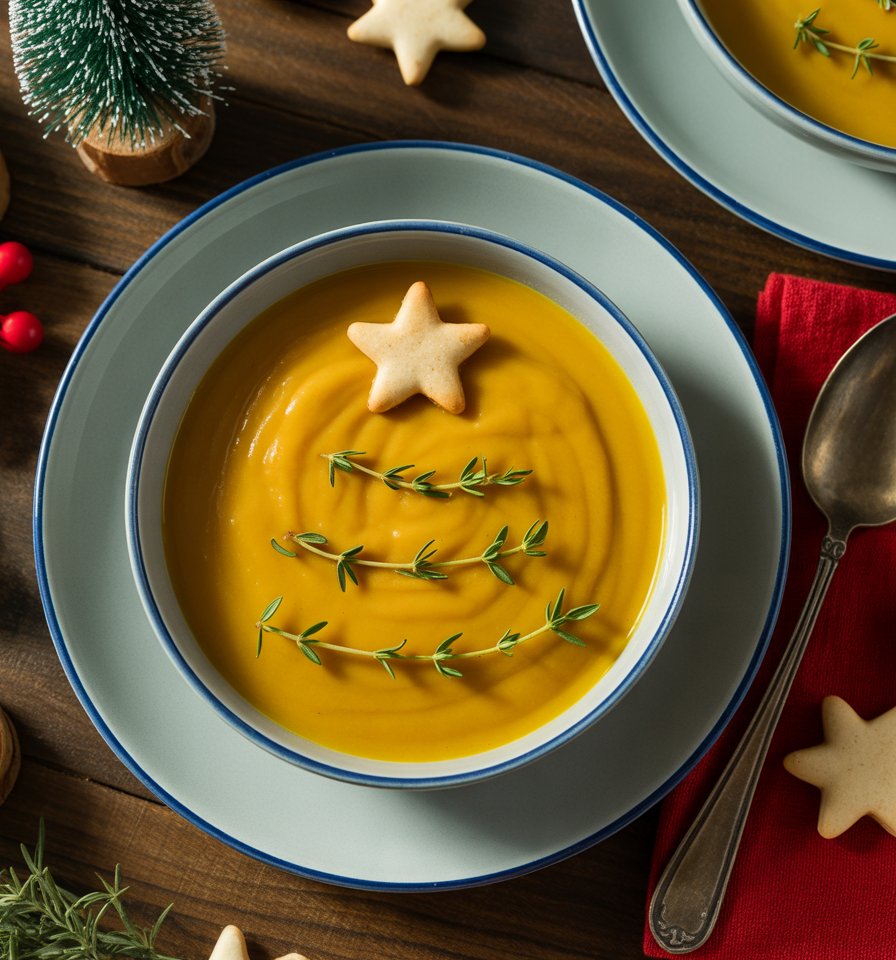 Ünnepi sütőtökkrémleves kakukkfű ágakból kirakott fenyőfa és egy csillag alakú mézeskalács díszítéssel.