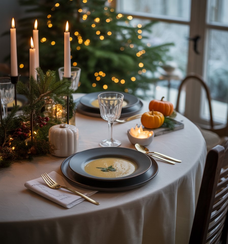 Sütőtökkrémleves gyertyák és őszi falevelek között, meghitt hangulatú, őszi/téli tálalás tökmaggal és tejszínnel, a háttérben már egy égősoros karácsonyfa.