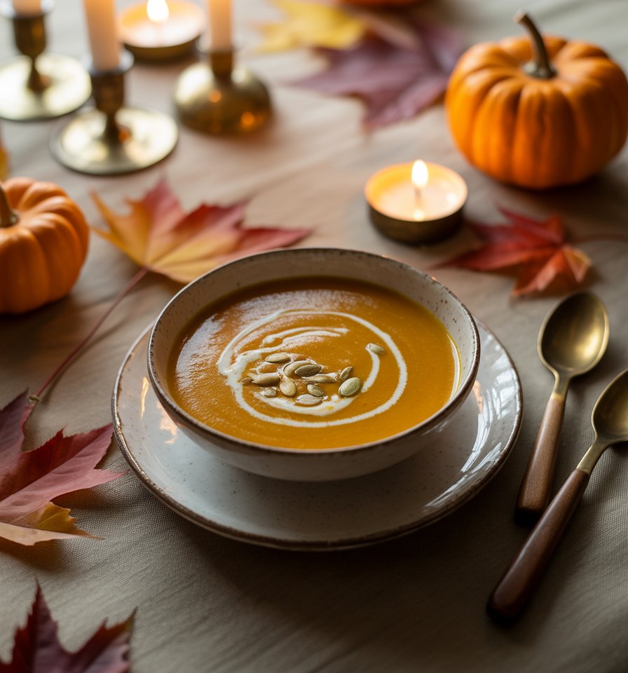 eleg sütőtökkrémleves őszi terítéken, gyertyákkal, juharlevelekkel és dísztökkel körülvéve, ünnepi hangulatban.
