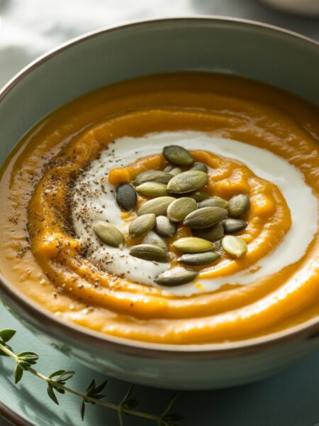 Selymes sütőtökkrémleves türkizkék tálban, tejszín spirállal, pirított tökmaggal és friss kakukkfűvel díszítve.