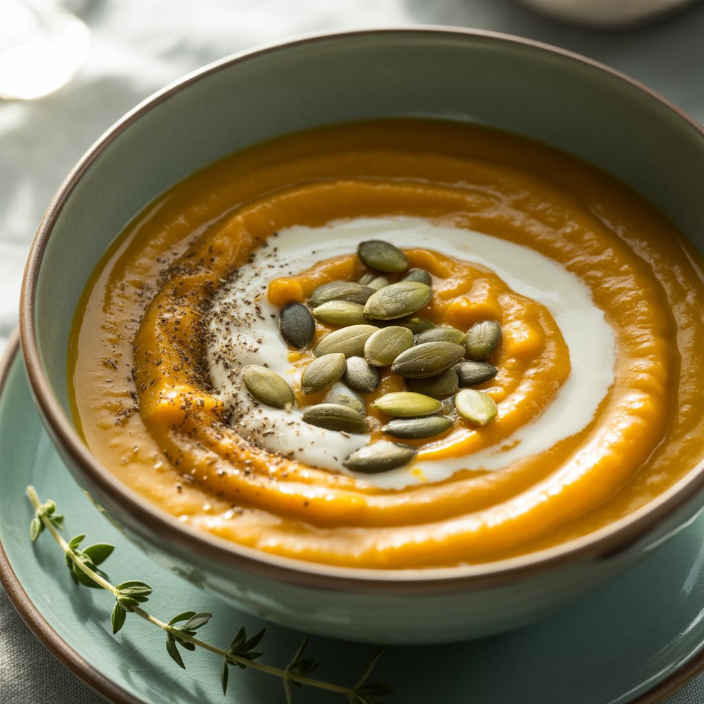 Selymes sütőtökkrémleves türkizkék tálban, tejszín spirállal, pirított tökmaggal és friss kakukkfűvel díszítve.