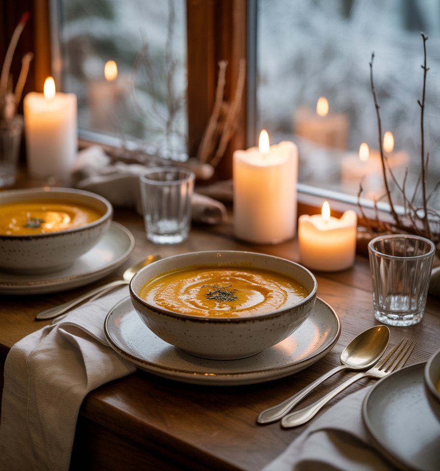Téli sütőtökkrémleves meghitt tálalásban, gyertyák megvilágításában, ablakban látható hóeséses háttérrel.