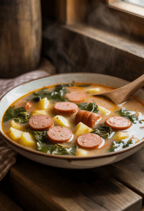 frankfurtileves borító, egy tányér leves krumplival, virsi karikávál és kelkápsuztával egy fa evőkanállal