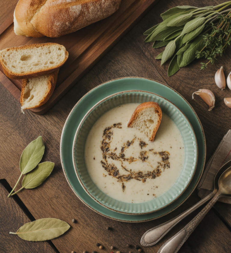 A legfinomabb fokhagymakrémleves recept: selymes textúrával, kakukkfűvel tálalva