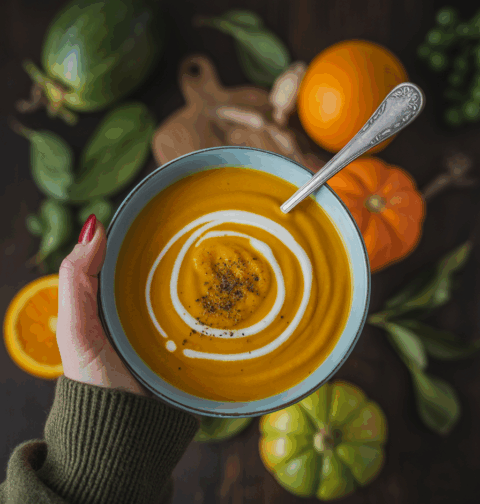 bekuckózós őszi levesek, egy tálka sütőtökkrémleves egy kézben őszis hangulatban