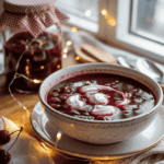 Egy tál, mély bordó meggyleves, kanálnyi tejszínhabbal tálalva, téli, puha, meleg fénnyel megvilágítva, házi meggybefőttes üveg a háttérben.