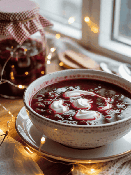 Egy tál, mély bordó meggyleves, kanálnyi tejszínhabbal tálalva, téli, puha, meleg fénnyel megvilágítva, házi meggybefőttes üveg a háttérben.