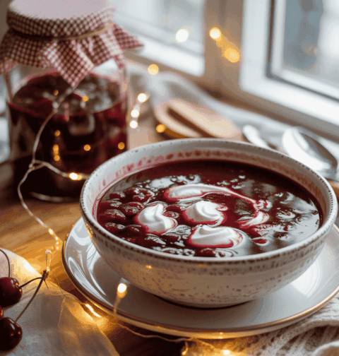 Egy tál, mély bordó meggyleves, kanálnyi tejszínhabbal tálalva, téli, puha, meleg fénnyel megvilágítva, házi meggybefőttes üveg a háttérben.