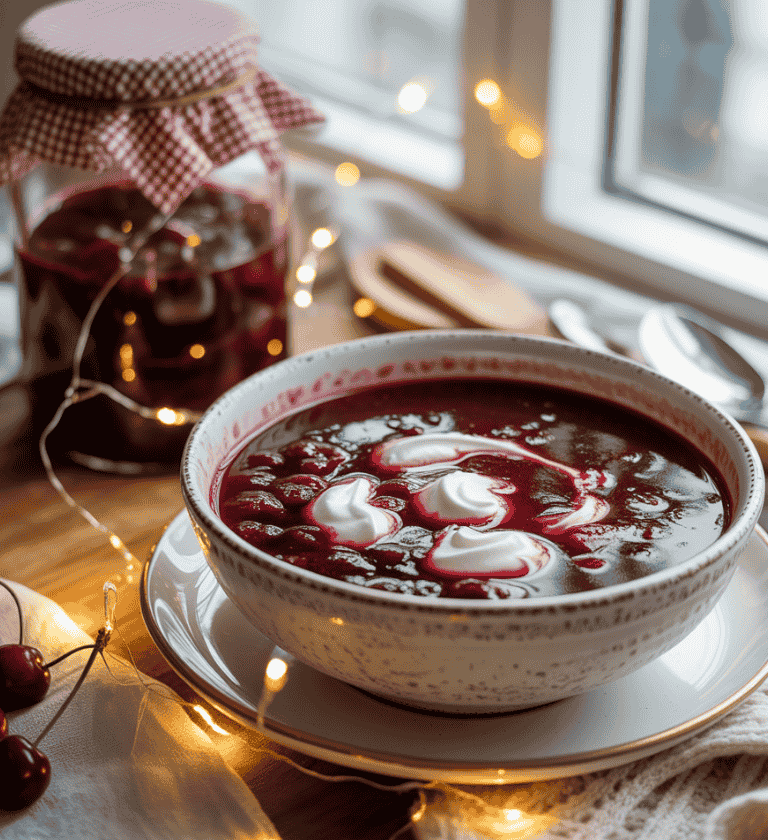 Egy tál, mély bordó meggyleves, kanálnyi tejszínhabbal tálalva, téli, puha, meleg fénnyel megvilágítva, házi meggybefőttes üveg a háttérben.
