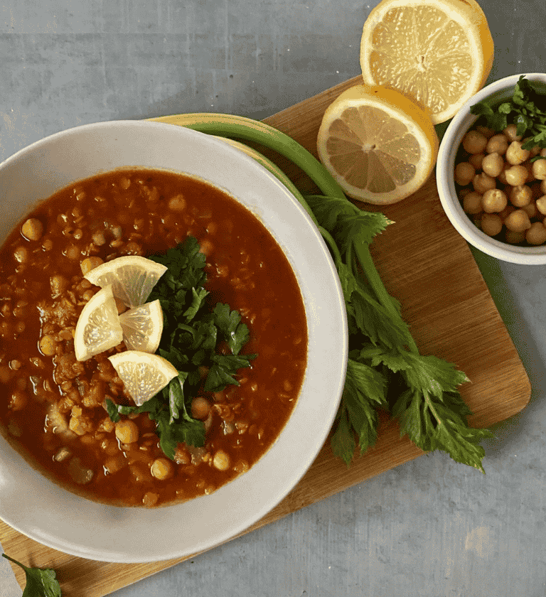 Egy tál gazdag, sűrű marokkói paradicsomleves csicseriborsóval és lencsével, friss petrezselyemmel, citromkarikákkal egy vágódeszkán tálalva.