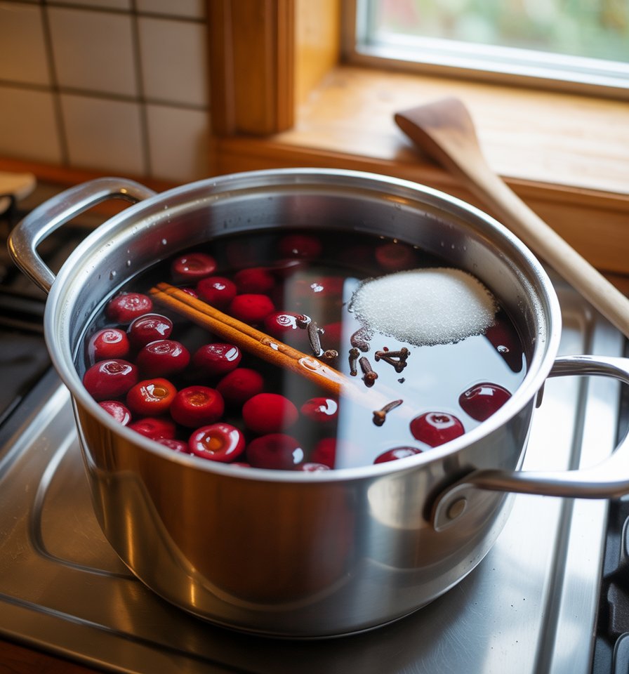 Fényes fém lábosban látható a meggyleves alapja: sötétbordó meggybefőtt, kristálycukor, egy fahéjrúd és néhány szem szegfűszeg úszik a folyadékban, készen a főzésre egy tűzhelyen.