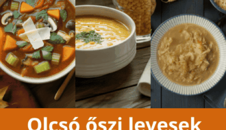 Három olcsó őszi levesek (minestrone, sárgaborsó krémleves, savanyúkáposzta leves) fotókollázsa a fő alapanyagokkal.