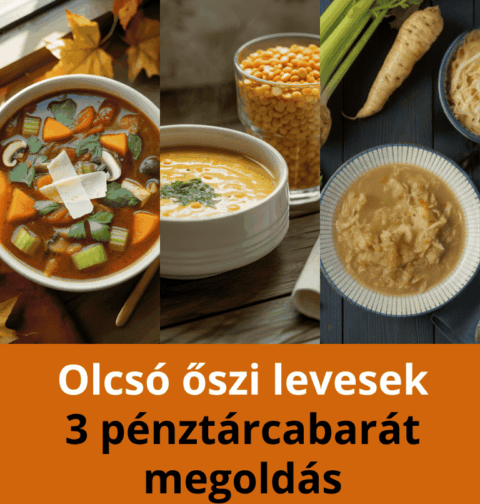 Három olcsó őszi levesek (minestrone, sárgaborsó krémleves, savanyúkáposzta leves) fotókollázsa a fő alapanyagokkal.