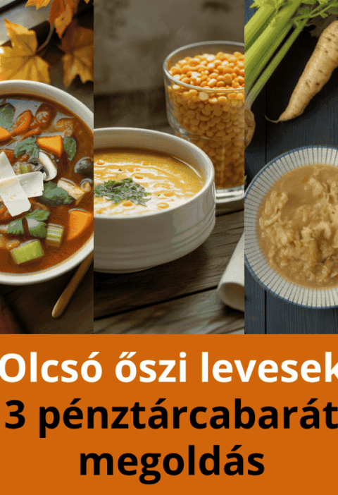 Három olcsó őszi levesek (minestrone, sárgaborsó krémleves, savanyúkáposzta leves) fotókollázsa a fő alapanyagokkal.