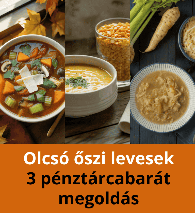 Három olcsó őszi levesek (minestrone, sárgaborsó krémleves, savanyúkáposzta leves) fotókollázsa a fő alapanyagokkal.