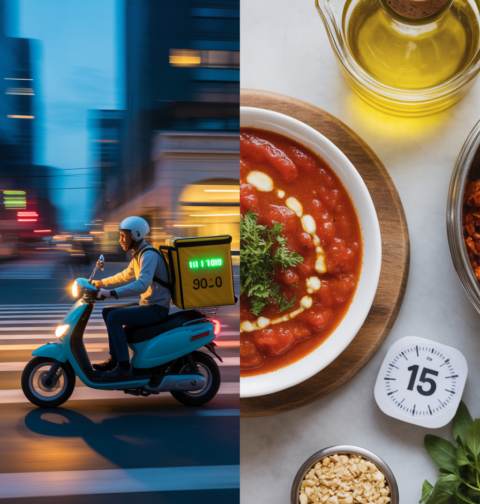 Dinamikus kettéosztott kép: Bal oldalon futár száguld robogóval az esti városban; jobb oldalon forró, krémes paradicsomleves, fűszerek, olívaolaj és egy 15 perces időzítő látható.