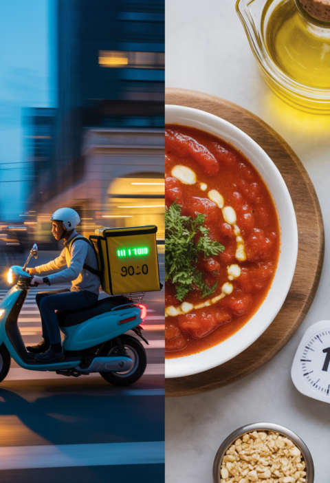 Dinamikus kettéosztott kép: Bal oldalon futár száguld robogóval az esti városban; jobb oldalon forró, krémes paradicsomleves, fűszerek, olívaolaj és egy 15 perces időzítő látható.