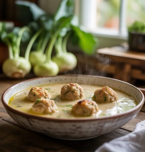 Aranybarnára sült húsgombócok tejszínes karalábélevesben, friss petrezselyemmel megszórva.