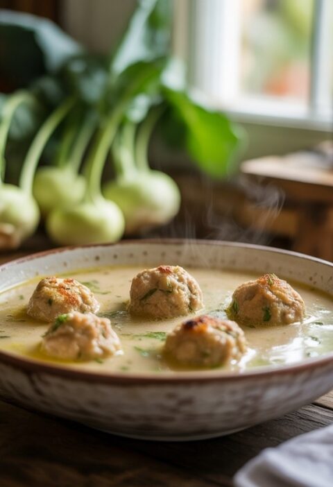 Aranybarnára sült húsgombócok tejszínes karalábélevesben, friss petrezselyemmel megszórva.